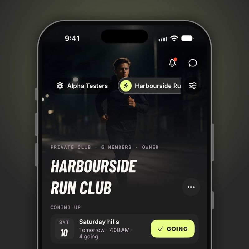 A club home with a full-bleed cover photo, the club name and what's coming up.
