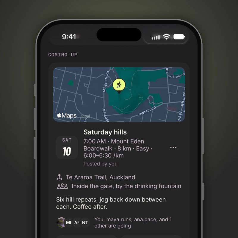 A club meetup on a map, with the time, the place and who's going.